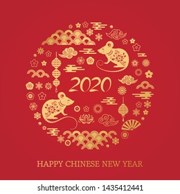Happy Chinese New Year. The white rat is the symbol of 2020 Chinese year of the new year. Template banner, poster, greeting cards. Fan, rat, cloud, lantern, flowers. Round golden vector illustration 