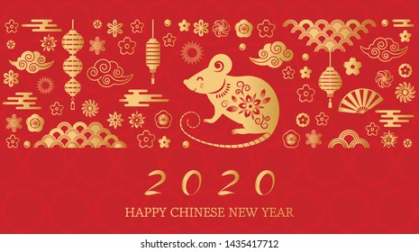 Happy Chinese New Year. The white rat is the symbol of 2020 Chinese year of the new year. Template banner, poster, greeting cards. Fan, rat, cloud, lantern, flowers. golden vector illustration on red 