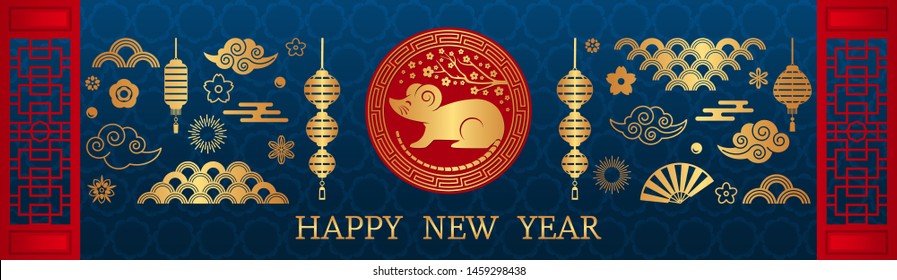 Happy Chinese New Year. The white rat is the symbol of 2020 Chinese year of the new year. Template banner, poster, greeting cards. Fan, rat, cloud, lantern, flowers. golden vector illustration