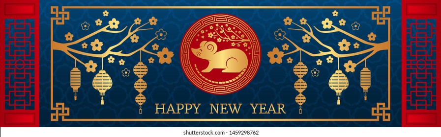 Happy Chinese New Year. The white rat is the symbol of 2020, the Chinese year of the new year. Template banner, poster, greeting cards. Sakura, rat, lantern, flowers. golden vector illustration 