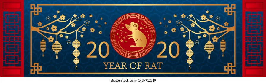 Happy Chinese New Year. The white rat is the symbol of 2020, the Chinese year of the new year. Template banner, poster, greeting cards. Sakura, rat, lantern, flowers. golden vector illustration