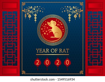 Happy Chinese New Year. The white rat is the symbol of 2020, the Chinese year of the new year. Template banner, poster, greeting cards. Sakura, rat, lantern, flowers. golden vector illustration 