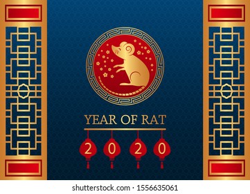 Happy Chinese New Year. The white rat is the symbol of 2020, the Chinese year of the new year. Template banner, poster, greeting cards. Sakura, rat, lantern, flowers. golden vector illustration