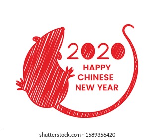 Happy chinese new year. The white rat is a symbol of 2020, the Chinese New Year. Template banner, poster, greeting cards. Vector illustration of handmade outline style