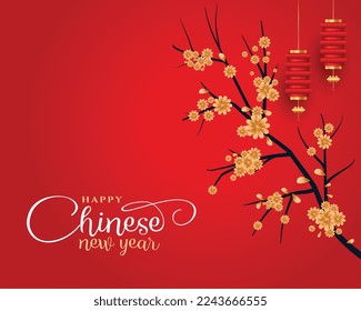 happy chinese new year wishes card with decorative sakura tree vector 