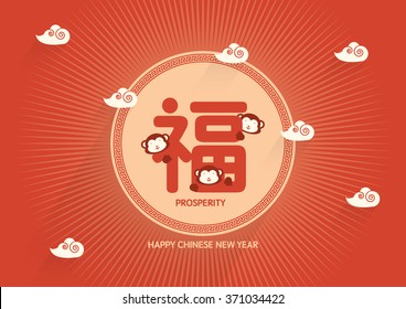 Happy Chinese New Year wishes/ Prosperity Chinese character with clouds and Chinese design elements/ Auspicious year of the Monkey/ Cute monkeys icon and decorative elements design