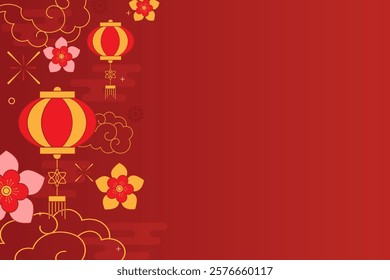 Happy Chinese New Year Yellow and Red Lantern, Greeting Card Vector Background. Lunar New Year Calendar with Gold or Pink Flower and Line Cloud Ornament