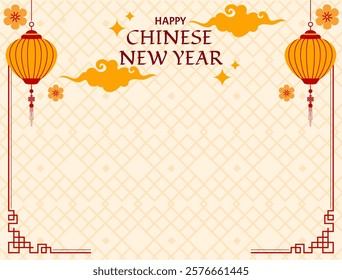 Happy Chinese New Year Yellow Lantern, greeting card vector background. Lunar new year calendar with gold floral and cloud silhouette ornament