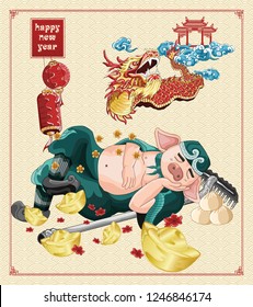 Happy Chinese New Year With Zhu Bajie Sleeping And Dragon Dance Illustration On Background New Year, Year Of The Pig 2019