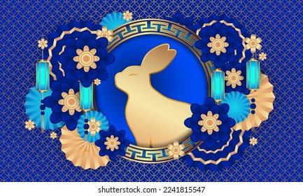 Happy Chinese New year zodiac rabbit. Gold rabbit, flower, Chinese fan, Chinese lamp paper cut style. Dark blue and gold color background. Vector illustration EPS10.