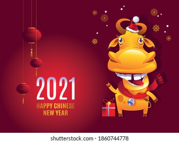 Happy Chinese New Year.2021 year of the Ox. Template poster, card, invitation for party with ox and Chinese lanterns. Funny sketch  on isolated red background