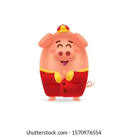 Happy Chinese New Year_Little Pig with traditional Chinese costume greeting Gong Xi with isolated background