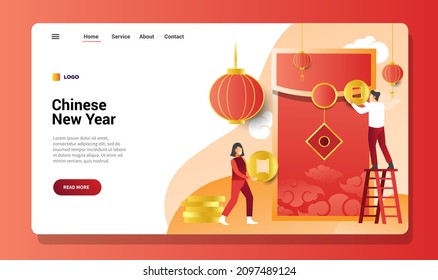 Happy Chinese New Years of Tiger Web landing page with red lampion golden coins and cloud with man and women figure concept