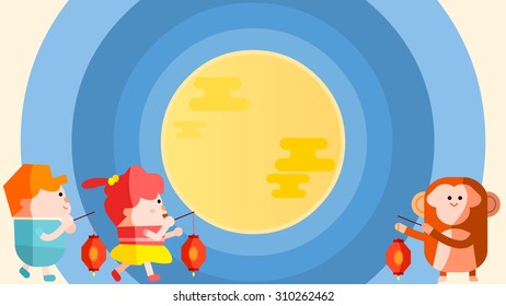 Happy Chinese Red Lantern Mid Autumn Festival Holiday celebration party event. Full moon icon, symbol, background. Cute cartoon monkey mascot character. Children go out and play guessing riddle game.