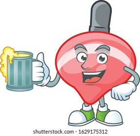 Happy chinese red tops toy mascot design with a big glass