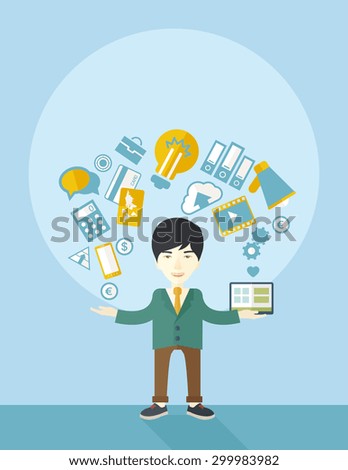 A happy chinese self employed standing enjoying doing multitasking, working on different projects from his home office only by himself. Self reliance concept. A contemporary style with pastel palette