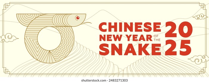 Happy Chinese Snake New Year 2025 holiday horizontal banner. Linear graphic China serpent zodiac sign on rice terraces background. Asian annual festival poster. Oriental pattern and clouds in frame