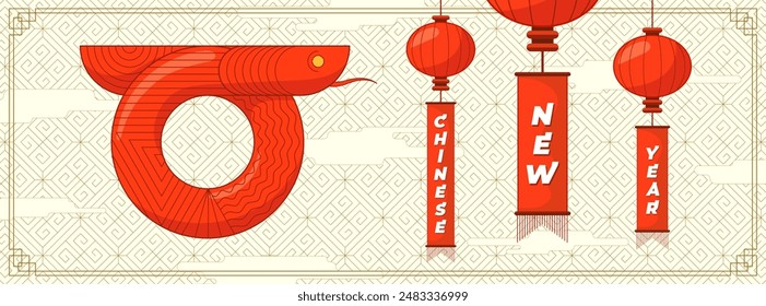 Happy Chinese Snake New Year 2025 holiday horizontal banner. Linear graphic China serpent zodiac sign on traditional pattern. Asian festivity poster. Asia paper lanterns on oriental backdrop. Eps