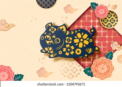 Happy Chinese style background with flying blue piggy and peony pattern in paper art style