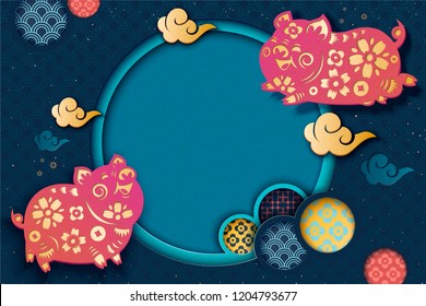 Happy Chinese style background with flying piggy and floral pattern in paper art style, copy space for design uses