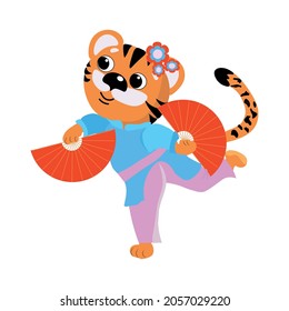 
Happy chinese tiger cub in costume dancing with two red fans