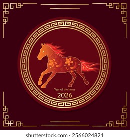 Happy Chinese traditional New Year 2026 backgrounds with horse with a flaming mane and Chinese ornaments. Vector New Year  banners, posters, newsletters, greeting card, postcard