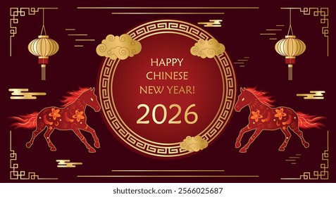 Happy Chinese traditional New Year 2026 backgrounds with horse with a flaming mane and Chinese ornaments. Horizontal greeting vector card template. Lunar New Year