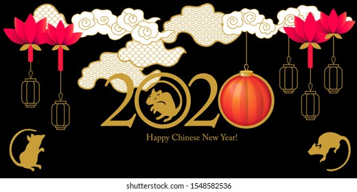 Happy Chinese Year Card. Rat symbols, clouds and oriental lanters on dark background. Template for cards, banners, posters, flyers.