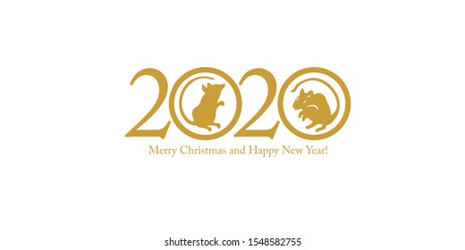 Happy Chinese Year Card. Rat symbols and 2020 number on white background. Template for cards, banners, posters, flyers.