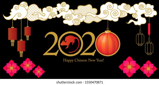 Happy Chinese Year Greeting Card. Rat symbol, ornate clouds, flowers and oriental lanters. Template for  banners, posters, flyers. On black background.