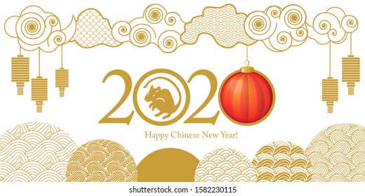 Happy Chinese Year Greeting Card. Rat symbol, ornate clouds, flowers and lanters. Template for  banners, posters, flyers. On white background.