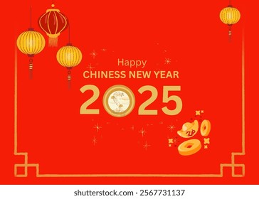 Happy Chiness New Year with Typelogo Type ,Snacke,Gold,Hanging Red,Money,Horizontal posters, greeting cards, headers, website. Chinese New Year 2025