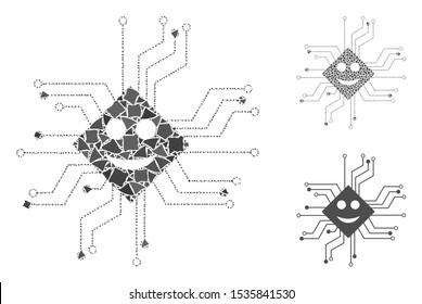 Happy chip circuit composition of trembly pieces in different sizes and color tints, based on happy chip circuit icon. Vector rugged items are organized into composition.