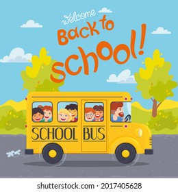 Happy chlidren go to the school in a yellow bus on autumn nature backdround. Back to school poster. Vector illustration, kids characters, cartoon. Banner, card, invitation, advertizing