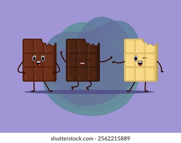 Happy chocolate bar cartoon characters vector illustrations set. Comic milk, dark and white chocolate smiling, standing and jumping on abstract background. Desserts, food concept