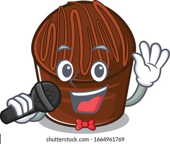 Happy chocolate candy singing on a microphone