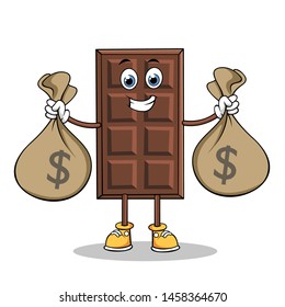 Happy Chocolate Cartoon Mascot Character Holding Money Bag.