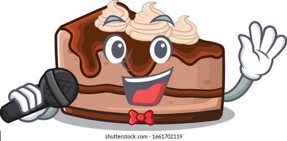 Happy chocolate cheesecake singing on a microphone