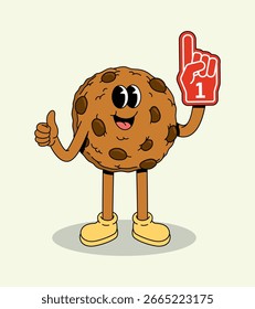 Personaje feliz de la galleta de la viruta de chocolate que da los pulgares para arriba y que sostiene el dedo número uno de la espuma