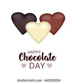 Happy Chocolate Day background with hearts from black, brown and white chocolates. Vector illustration.