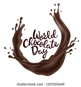 Happy Chocolate Day background with splash melted chocolate swirl. Vector illustration