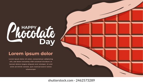 Feliz día del chocolate. Diseño de Plantilla de fondo con ilustración fundida de embalaje de chocolate cuadrado rasgado