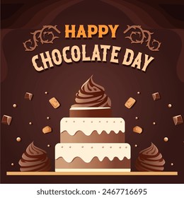 Happy Chocolate Day Banner and greeting card, with beautiful typography, pudding cake and chocolate biscuit sprinkles with dark chocolate nuances