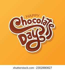 Happy chocolate day beautiful handwriting lettering design. Chocolate day greeting card vector logo. Modern brush ink calligraphy. Chocolate splash effect on lettering. Curve style text for holiday.