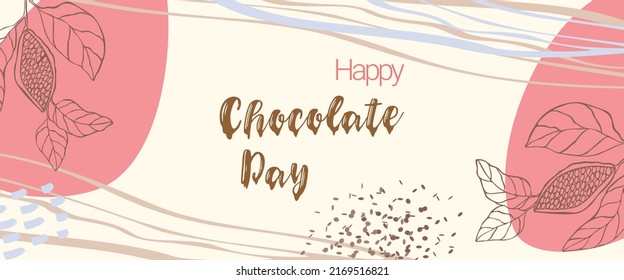 Happy chocolate day card or banner in boho style. Hand drawn doodle lettering Happy Chocolate Day with chocolate drips and chocolate chips. Vector illustration