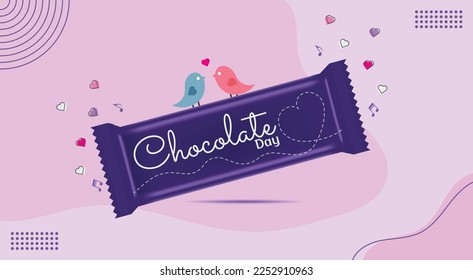 Happy Chocolate Day with Cute Adorable Love Birds Background Design, Greeting Card, Cover, Banner. Choco Bar Packaging Mockup. Vector Template