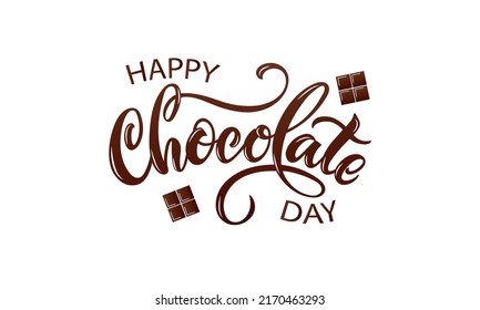 Happy chocolate day handwritten text isolated on white background for World Chocolate Day. Modern brush ink calligraphy. Hand lettering for poster, postcard, label, sticker, logo. Vector illustration