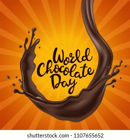 Happy Chocolate Day on caramel sunlight background with splash melted chocolate swirl. Vector illustration