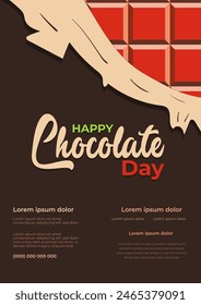 Happy chocolate day. Poster template design with melted illustration of torn square chocolate packaging