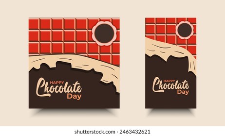 Happy chocolate day. Social media template design with melted illustration of torn square chocolate packaging